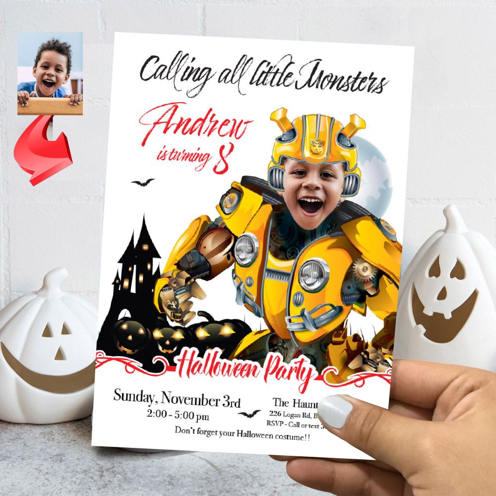 Bumblebee Halloween birthday Invitation, Halloween Bumblebee template, Bumblebee invitation for Halloween party. 2084
