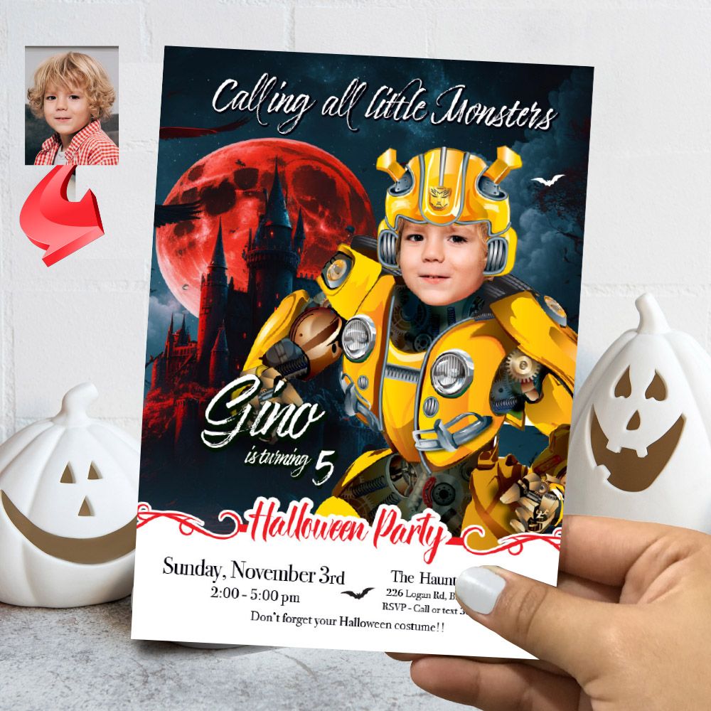 Autobots Halloween birthday party template, Bumblebbe Halloween invite, Autobots invitation for Halloween party. 2085