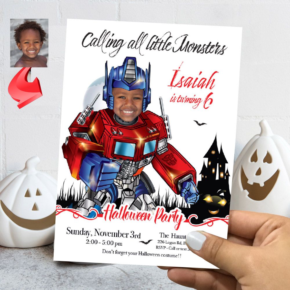 Transformers Halloween birthday party template, Optimus Prime Halloween invite, Autobots invitation for Halloween party. 2087