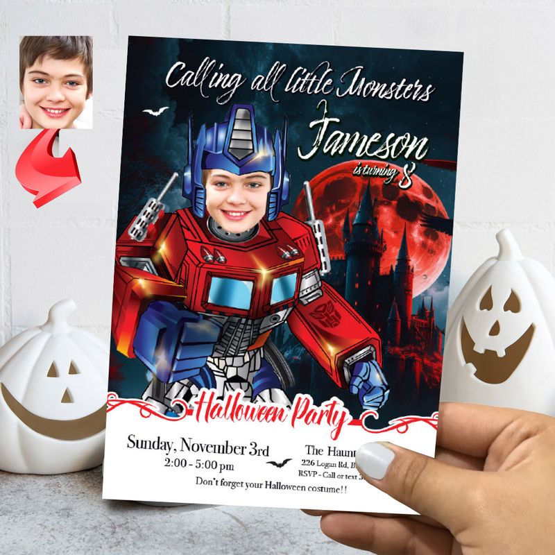 Optimus Prime Halloween birthday Invitation, Halloween Optimus Prime flyer, Optimus Prime invitation for Halloween party. 2086