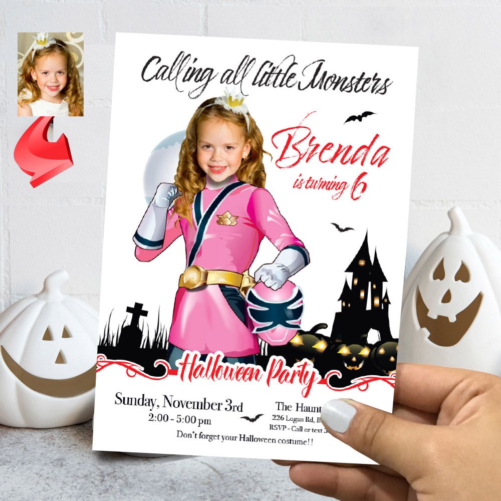 Pink Power Rangers Halloween party Invitation, Girl Power Rangers Halloween template, Power Rangers Halloween theme party. 2090