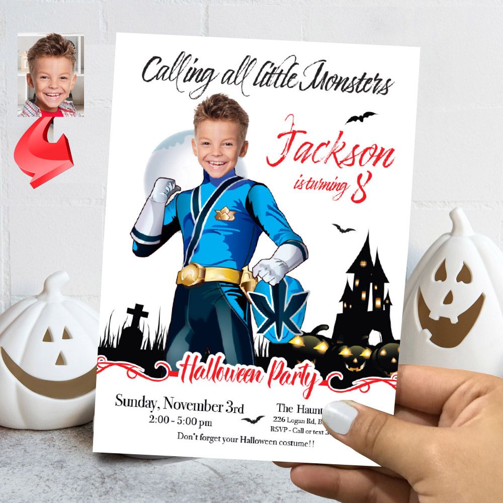 Blue Power Rangers Halloween party Invitation, Blue Power Rangers Halloween template, Power Rangers Halloween celebration. 2092