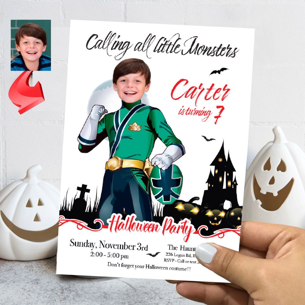 Green Power Rangers Halloween party Invitation, Green Power Rangers Halloween template, Invitation theme Power Rangers Halloween. 2091