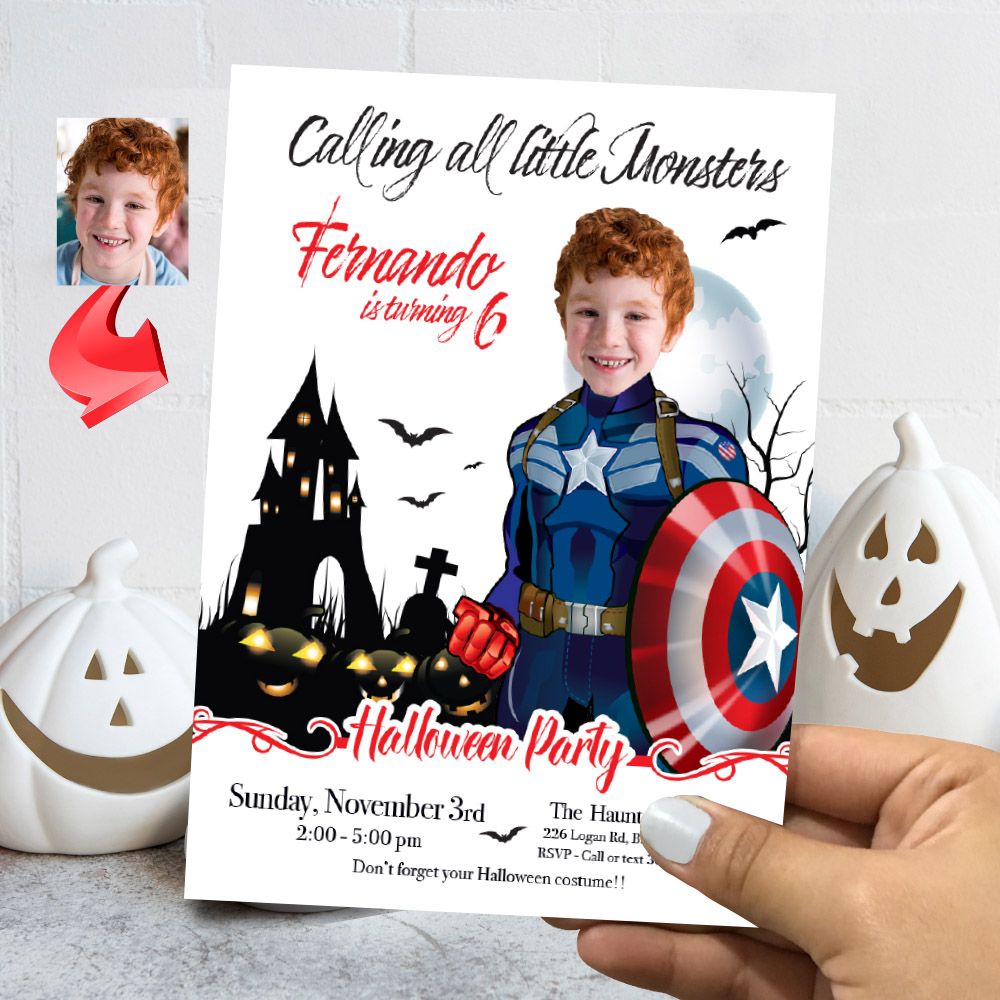 Captain America Halloween birthday Invitation, Halloween Captain America template, Captain America invitation for Halloween party. 2060