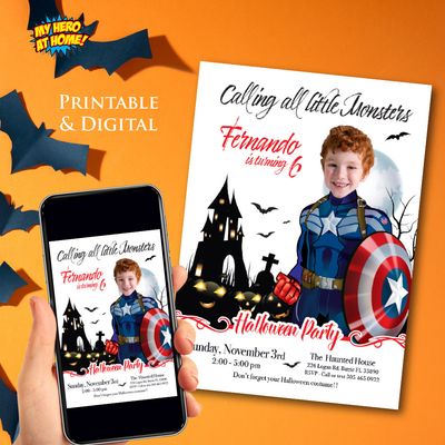 Captain America Halloween birthday Invitation, Halloween Captain America template, Captain America invitation for Halloween party. 2060