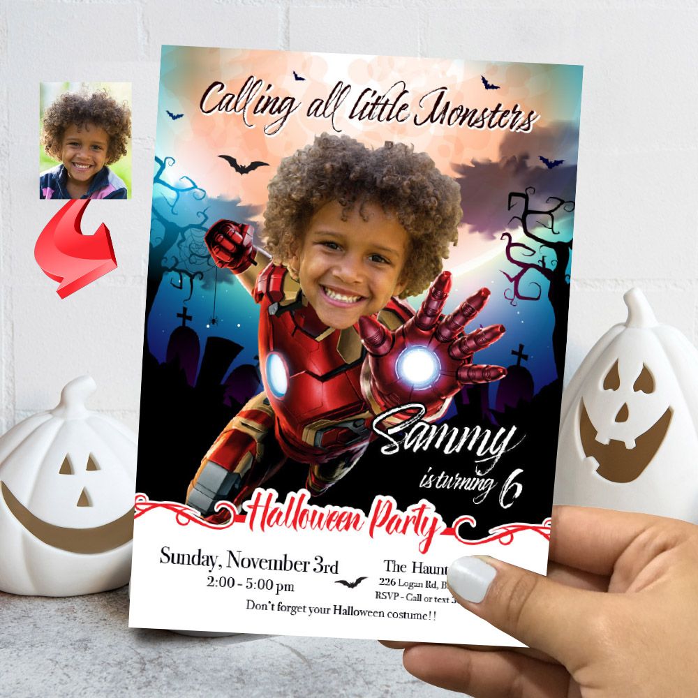 Iron Man Halloween birthday Invitation, Halloween Iron Man template, Iron Man invitation for Halloween party, Spooky Ironman digital. 2063