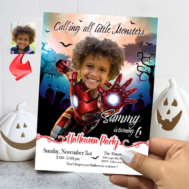 Iron Man Halloween birthday Invitation, Halloween Iron Man template, Iron Man invitation for Halloween party, Spooky Ironman digital. 2063