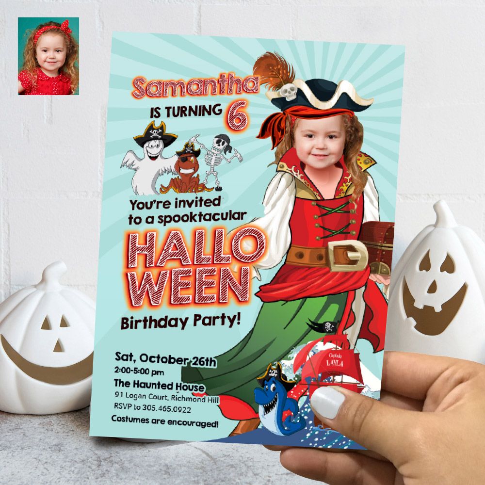 Girl Pirate Halloween Invitation, Halloween Girl Pirate template, Girl Pirate Halloween thank you tags, Girl Pirate invitation with photo. 771