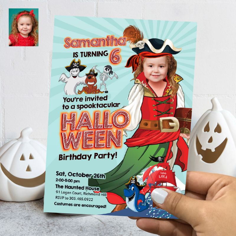 Girl Pirate Halloween Invitation, Halloween Girl Pirate template, Girl Pirate Halloween thank you tags, Girl Pirate invitation with photo. 771