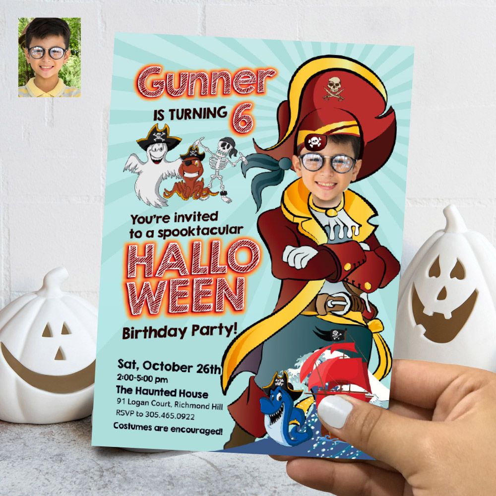 Pirate Halloween birthday Invitation, Halloween Pirate template, Halloween Pirate party invitation with photo, Spooky Pirate invitation. 770