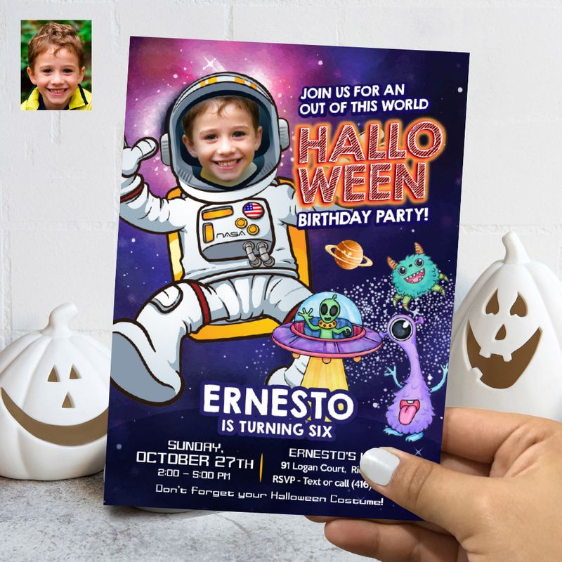 Outer Space Halloween birthday Invitation, Halloween Astronaut digital invite, Outer Space Halloween, Halloween Astronaut party inviite. 769