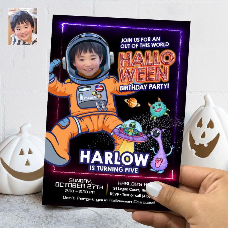 Astronaut Halloween birthday Invitation, Halloween Astronaut party template invite, Halloween Astronaut digital invitation with photo. 768