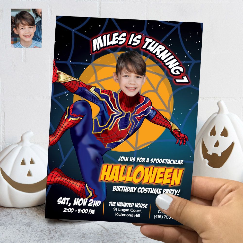 Iron Spiderman Halloween birthday Invitation template, Halloween Iron Spiderman, Iron Spider Halloween party invitation with photo. 759