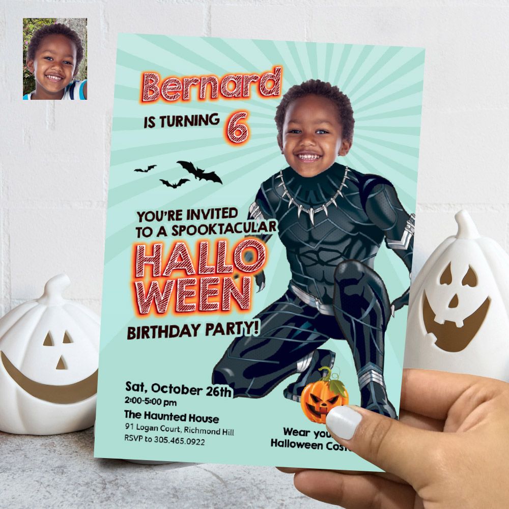 Black Panther Halloween birthday Invitation, Black Panther Halloween party template, Wakanda Halloween birthday Invitation with photo. 764