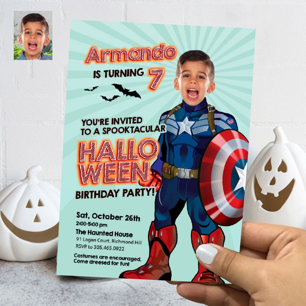 Captain America Halloween Invitation, Captain America Halloween template, Halloween Capt America, Captain America Invitation with photo. 760