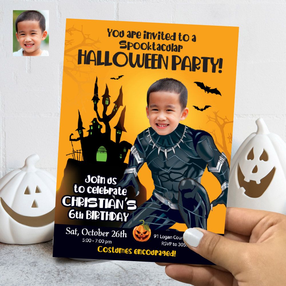 Halloween Black Panther birthday invitation with photo, Halloween Wakanda birthday invite, Black panther Halloween digital invitation. 466D