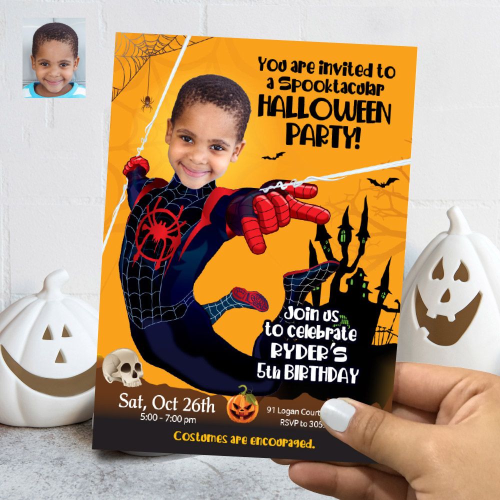 Miles Morales Halloween Invitation, Miles Morales Halloween Party, Miles Morales Thank You, Morales favors, Spiderverse Halloween. 466A