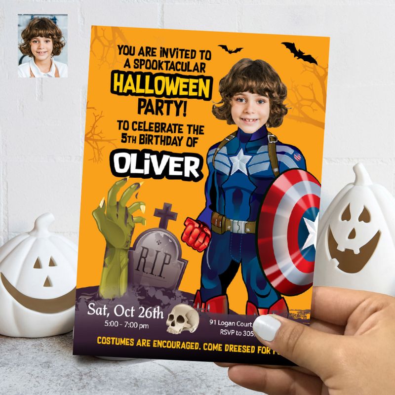 Halloween Captain America birthday invite, Halloween Captain America template, Captain America hallowen party evite. 466FB