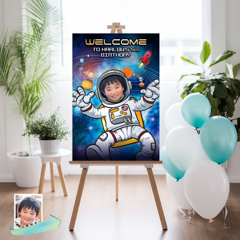 Astronaut Welcome sign with photo, Outer Space welcome sign, Astronaut Birthday Sign, Astronaut Party Entrance Sign, Astronaut decor. 2094