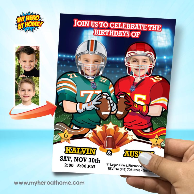 Joint Football birthday Invitation, Football siblings birthday invite, Joint Football template, 2 football teams birthday invitation. 2099
