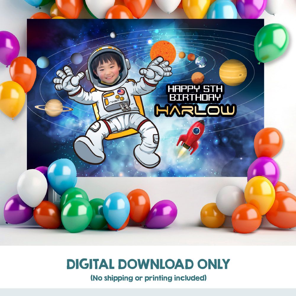 Astronaut Banner with photo, Custom Astronaut Birthday Backdrop, Outer Space Banner, Astronaut Backdrop, Outer Space Backdrop. 2096