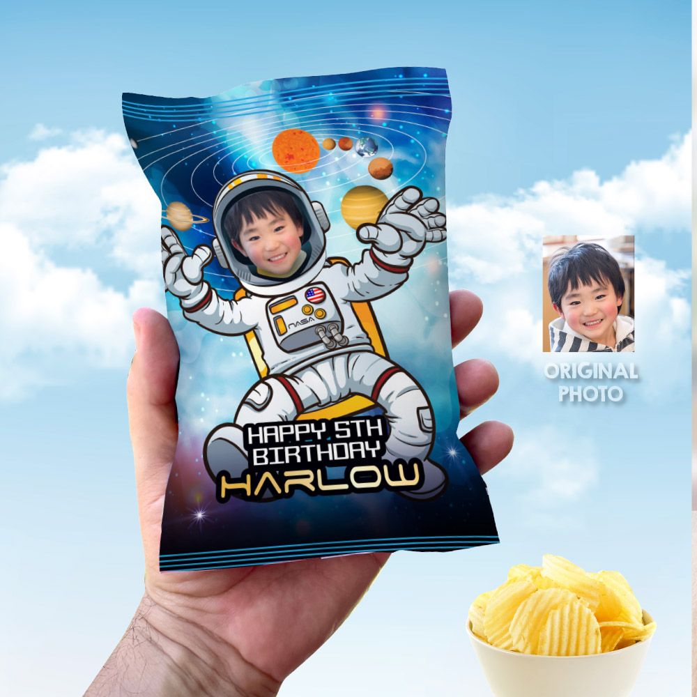 Astronaut Chip Bag Wrapper with photo, Custom Astronaut Chip Bag, Custom Astronaut theme party, Personalized Astronaut chip bags party favors. 2095