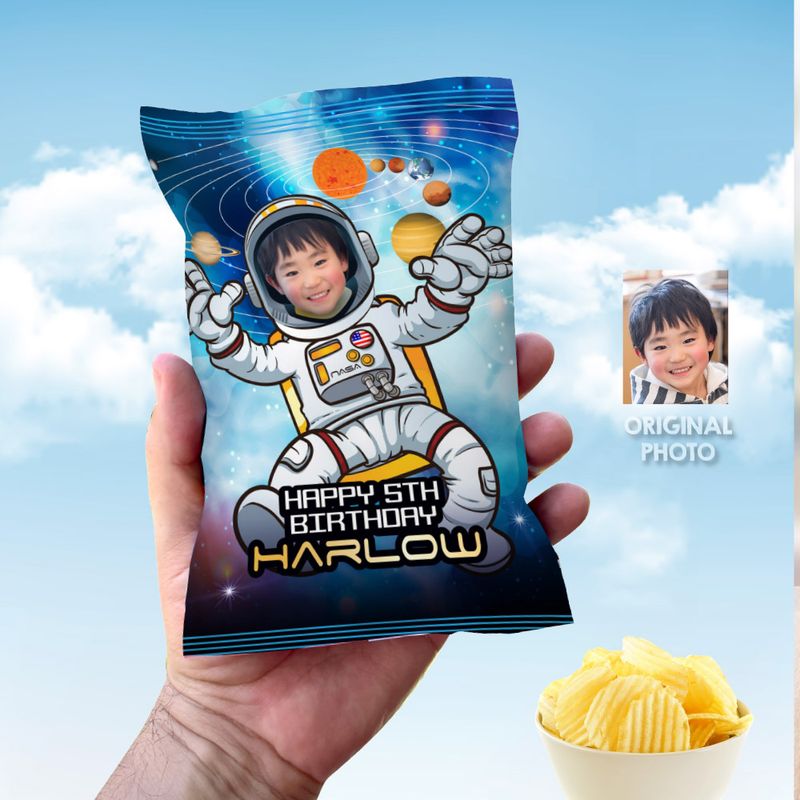 Astronaut Chip Bag Wrapper with photo, Custom Astronaut Chip Bag, Custom Astronaut theme party, Personalized Astronaut chip bags party favors. 2095