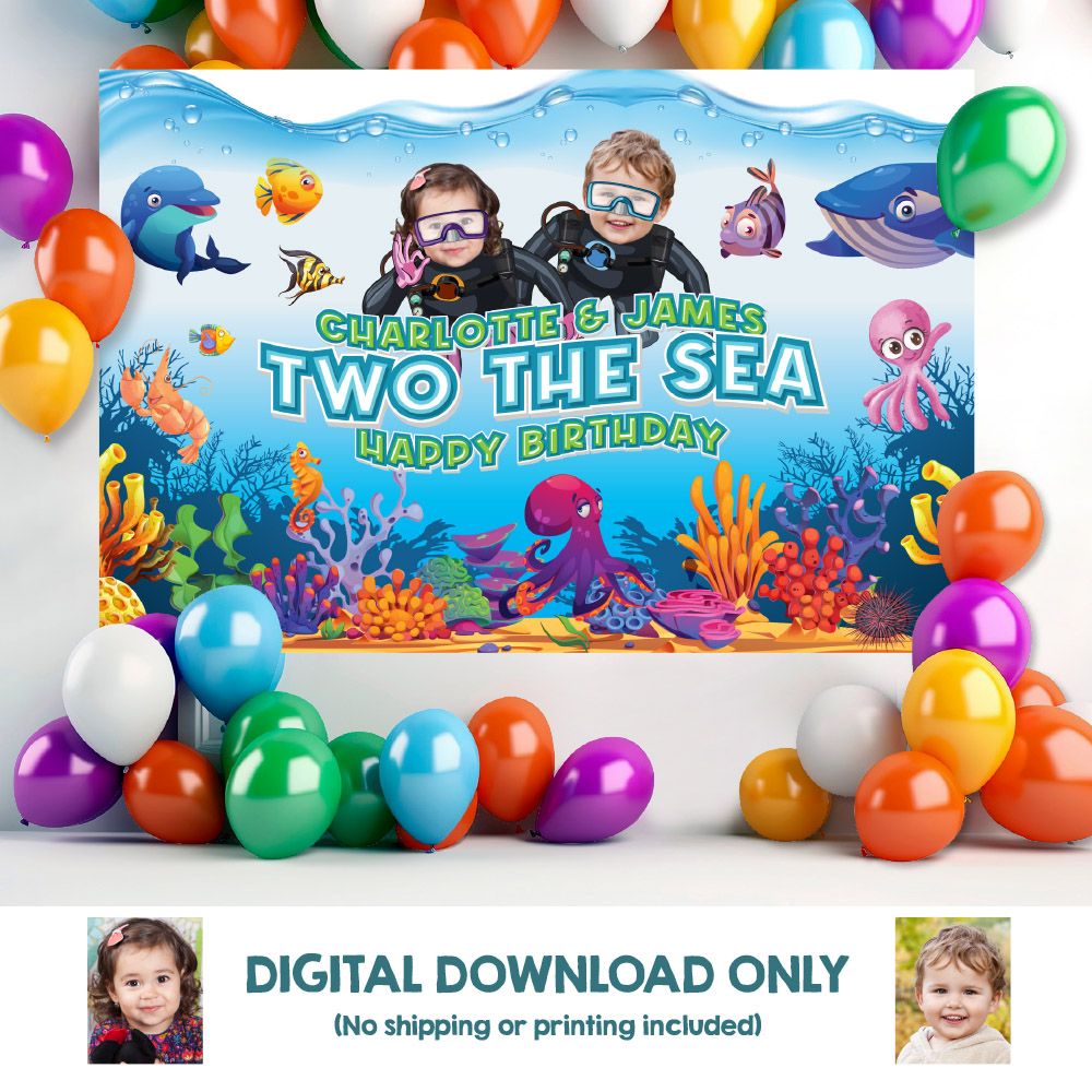 Under The Sea Siblings Banner with photos, Personalized Under The Sea Birthday Backdrop, Twins 2nd birthday Under the sea Backdrop. 889B