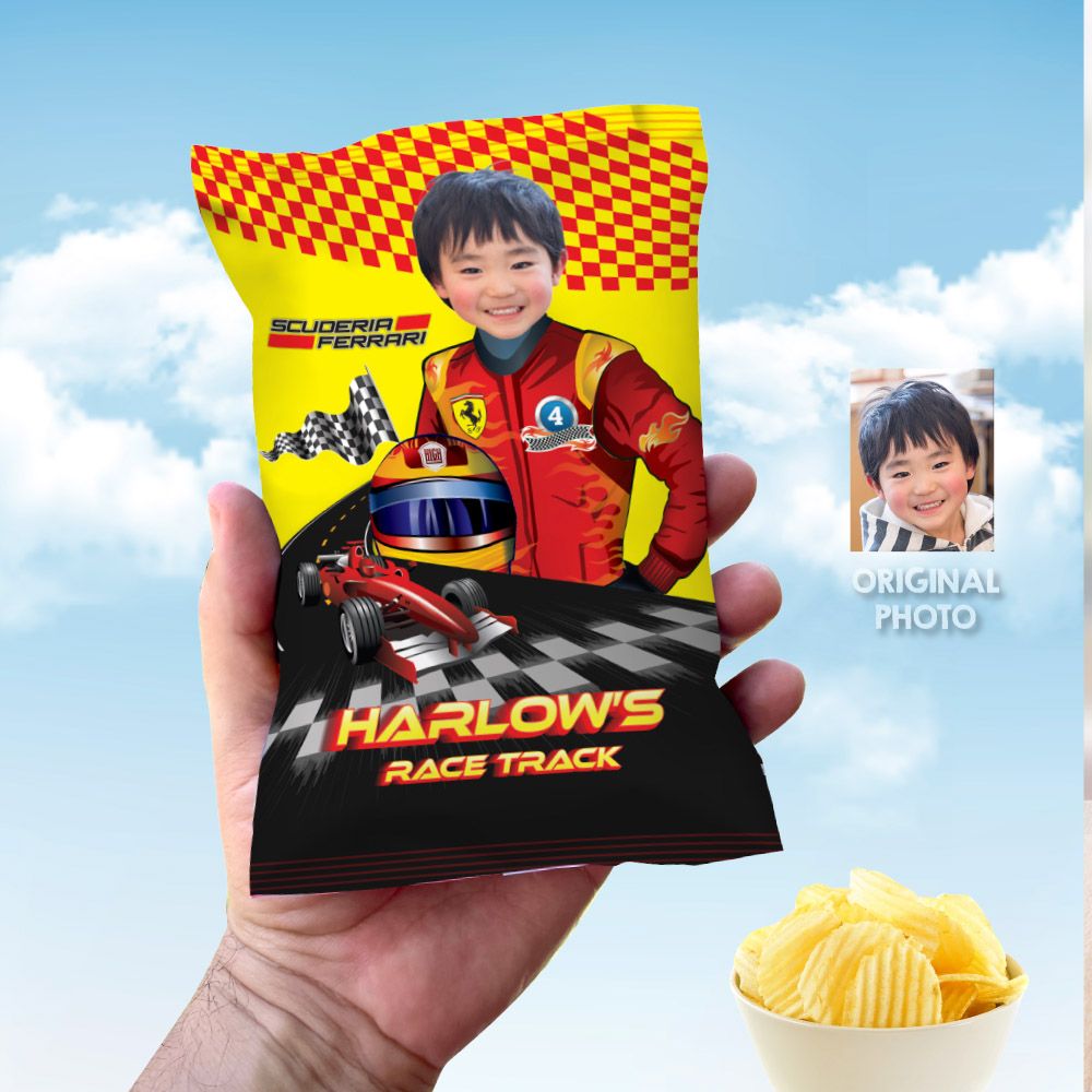 Ferrari Chip Bag Wrapper with photo, Custom Race Car Ferrari Chip Bag, Custom Ferrari theme party, Personalized Ferrari chip bags party favors. 2106
