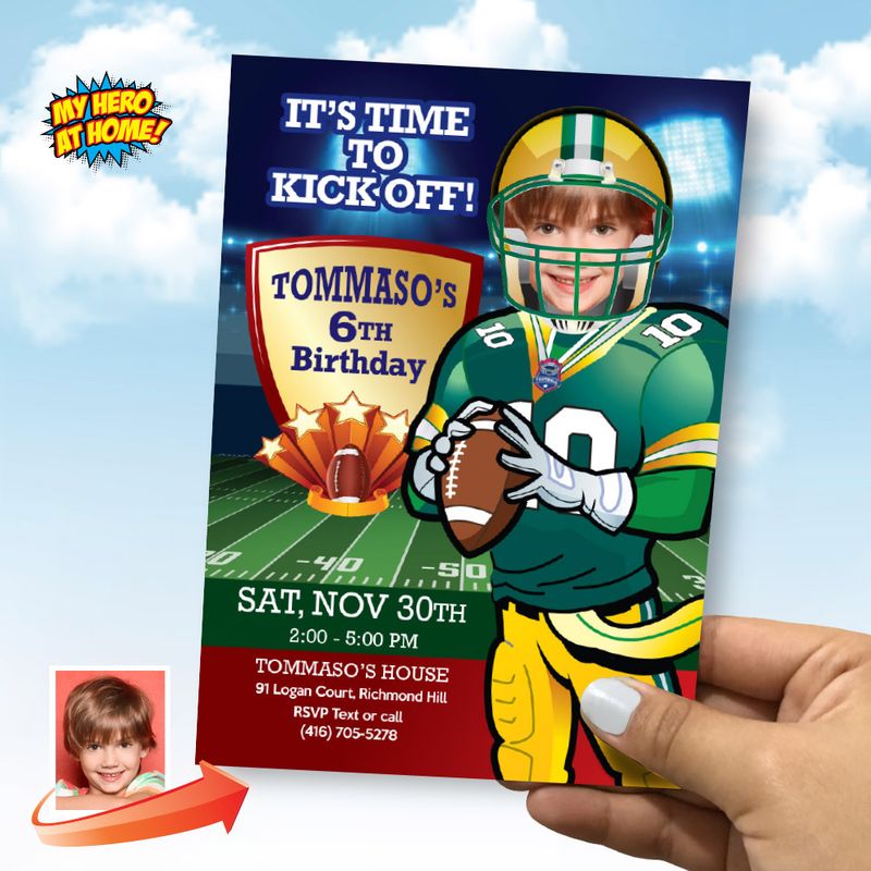 Green Bay Packers Birthday party Invitation, Packers Party invitation with photo, Packers theme party, Packers template invite. 2108