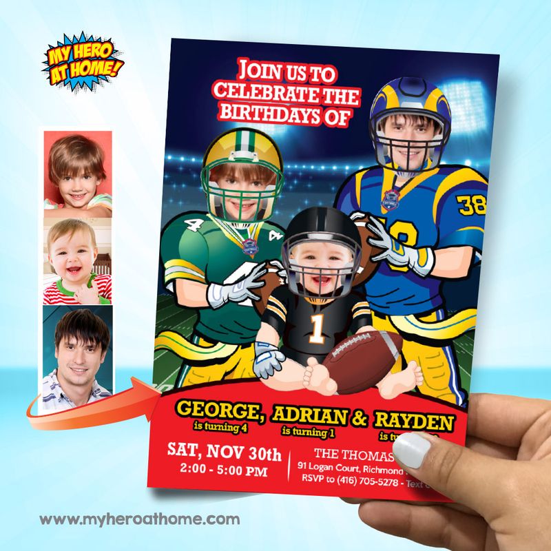 Joint 3 Siblings Football party Invitation, Joint 3 Football teams party, 3 Football teams Siblings Birthday, 3 kids Football evite. 2109