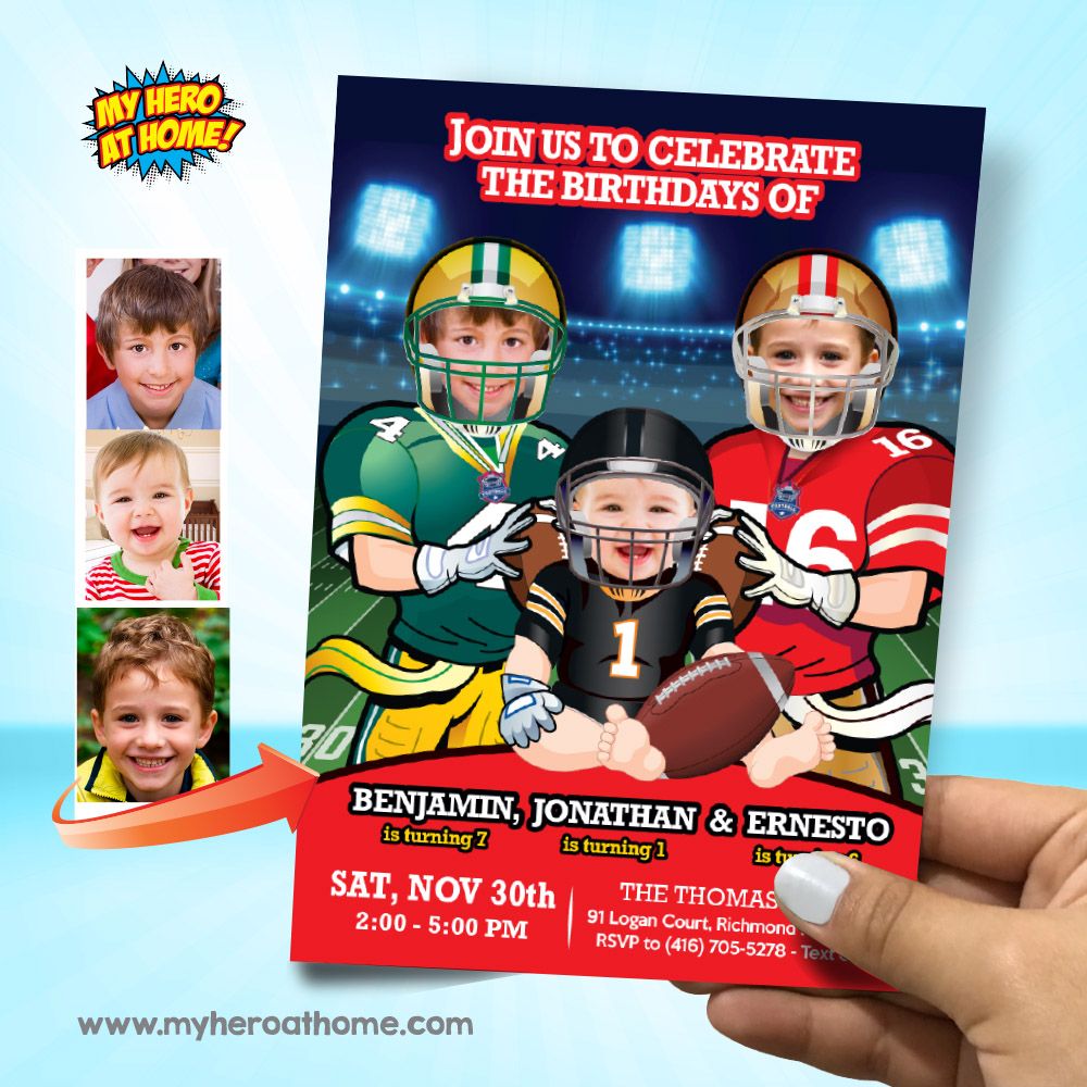 Joint 3 Football teams party Invitation, Joint 3 Siblings Football teams invitation, 3 Football teams Birthday, 3 kids Football party. 2110