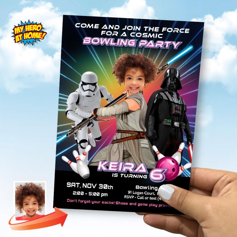 Star Wars Cosmic Bowling Party Invitation, Jedi Rey Cosmic Bowling Party Invite, Girl Star Wars Cosmic Bowling birthday invitation. 2119