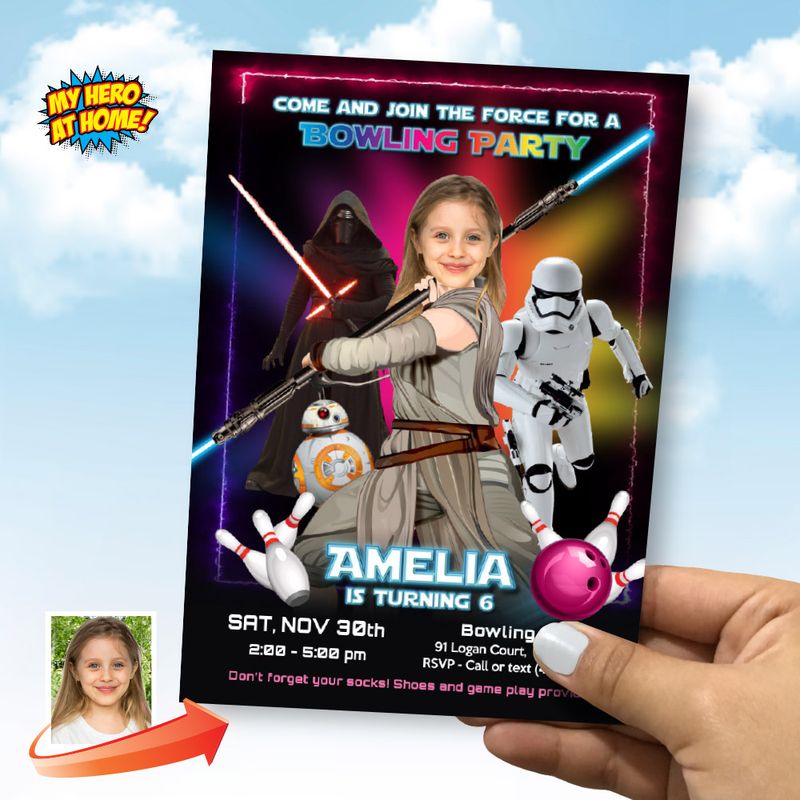 Girl Star Wars Bowling Party Invitation, Jedi Rey Bowling Party Invite, Girl Star Wars Neon Bowling party invite, Girl Star Wars Neon. 2120