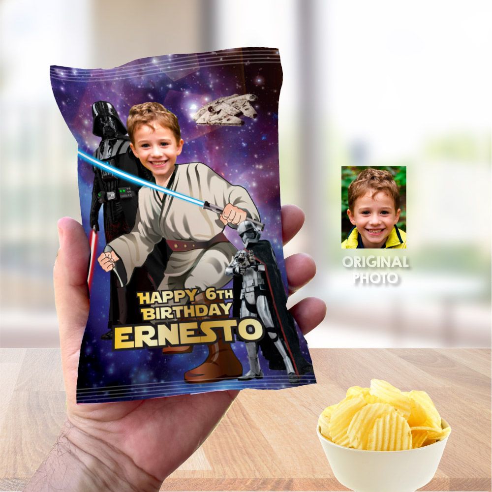 Jedi Chip Bag birthday, Jedi Star Wars Chip Bag labels, Jedi Star Wars birthday themed, Jedi snacks bags labels with photo, Star Wars snacks. 2125