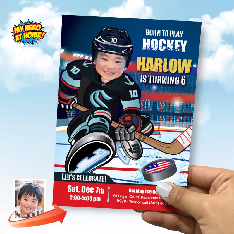 Seattle Kraven Birthday Invitation, Kraven party Invitation with photo, Custom Hockey Birthday Invitation, Kraven theme party. 2134