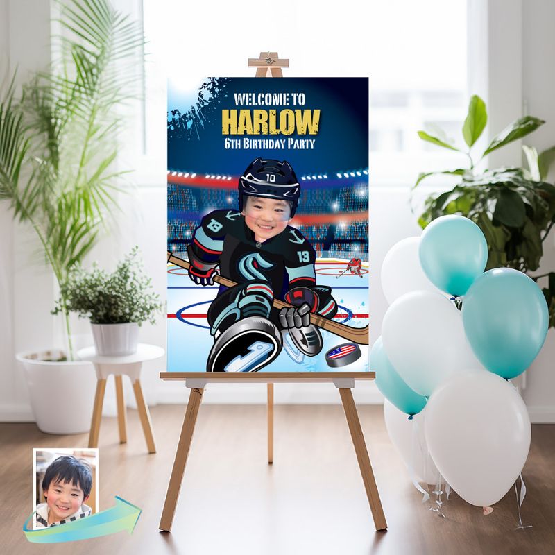 Hockey Welcome sign with photo, Seattle Kraken Hockey welcome party, Hockey Birthday Sign, Kraken Party Entrance Print, Kraken Welcome Sign. 2135