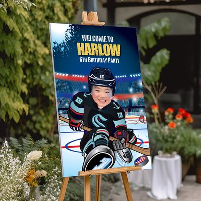 Hockey Welcome sign with photo, Seattle Kraken Hockey welcome party, Hockey Birthday Sign, Kraken Party Entrance Print, Kraken Welcome Sign. 2135