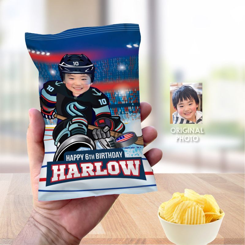 Hockey Chip Bag birthday, Hockey Chip Bag labels, Ice Hockey birthday themed, Hockey snacks bags labels, Hockey party snacks labels. 2138