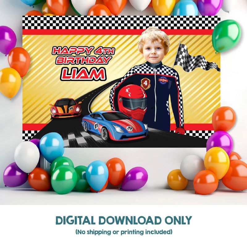 Race Car Gold Banner with photo, Custom Racing Car Gold and red Backdrop, Race car Banner with photo, Gold, black and red Race Car party decor. 2142