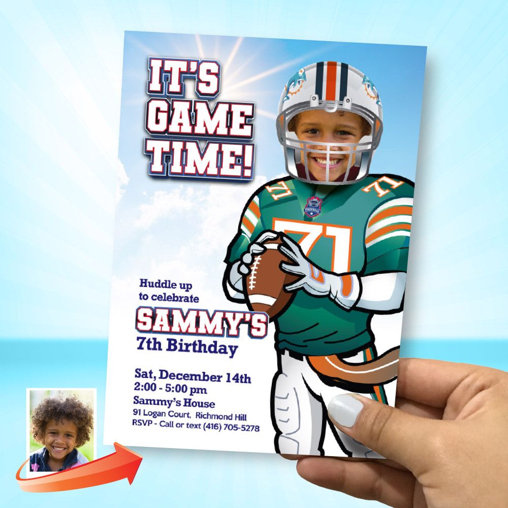 Dolphins Birthday Party Invitation with photo, Dolphins Birthday template, Dolphins digital invite, Football dolphins evite Invitation. 2154