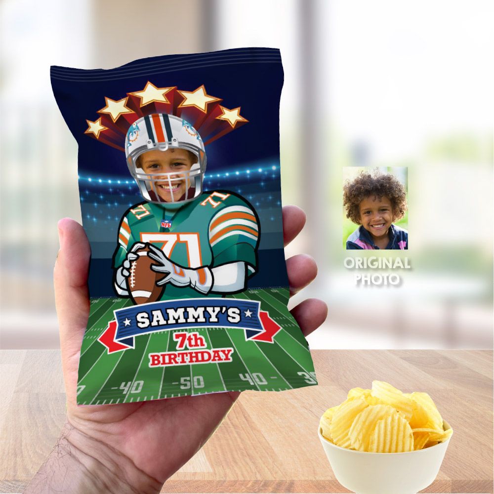 Football Chip Bag birthday, Dolphins Chip Bag labels, Dolphins birthday themed, Dolphins snacks bags labels, Dolphins party labels. 2156