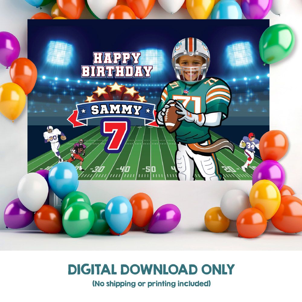 Football Banner with photo, Dolphins Birthday Backdrop, Dolphins Banner, Dolphins Backdrop, Dolphins party decoration, Dolphins themed. 2157