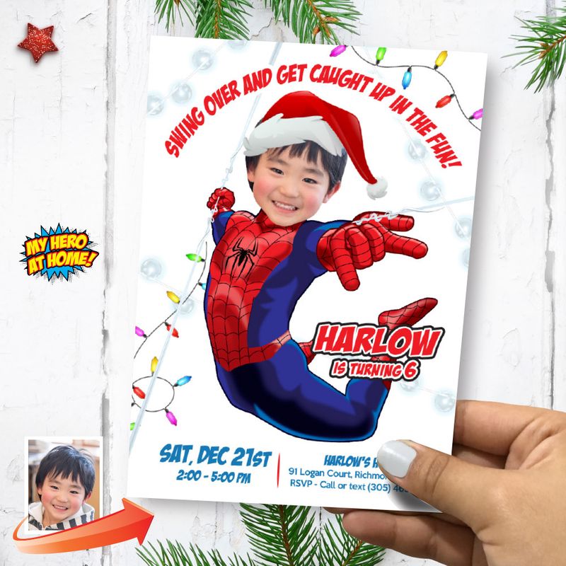 Spiderman Christmas Birthday Party Invitation with photo Spiderman Xmas Party template Spider-man Christmas theme party Spider-man flyer. 2136