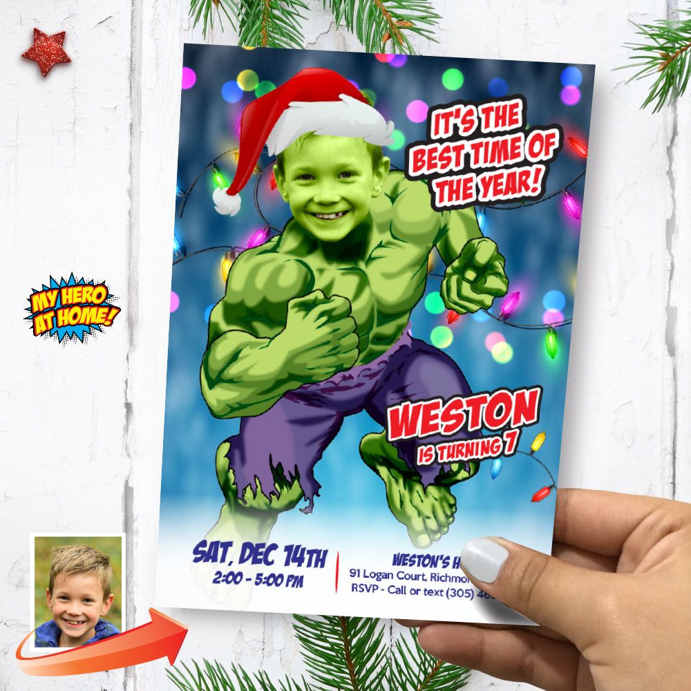 Hulk Christmas Birthday party invitation with photo, Hulk Digital template, Custom Hulk Christmas Theme Party, Hulk Xmas Invitation. 2161