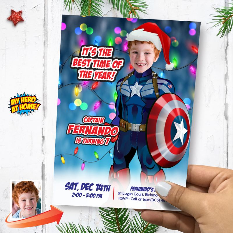 Captain America Christmas Birthday invite with photo, Custom Captain America Christmas Theme Party, Captain America Xmas Invitation. 2168