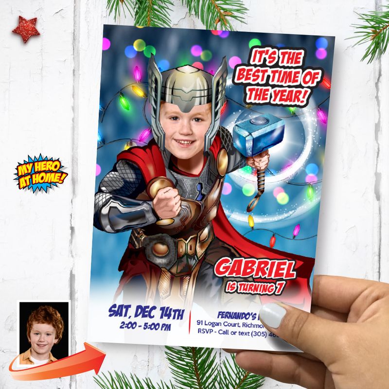 Thor Christmas Birthday party invitation with photo, Thor Digital template, Custom Thor Christmas Theme Party, Thor Xmas Invitation. 2169