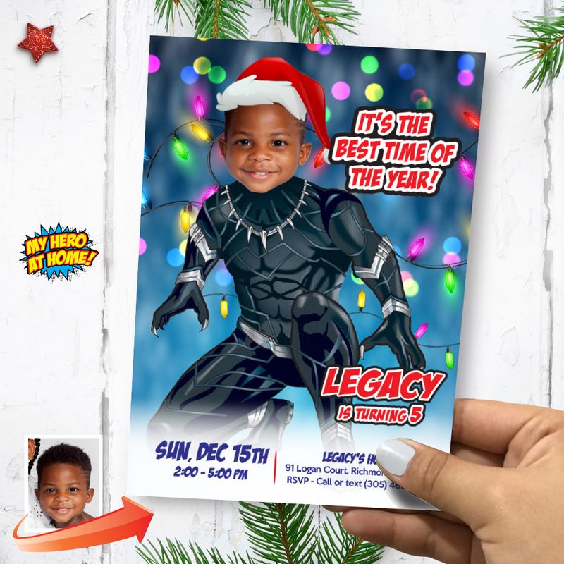 Black Panther Christmas Birthday party invitation with photo, Black Panther Christmas Digital template, Black Panther Theme Party. 2170