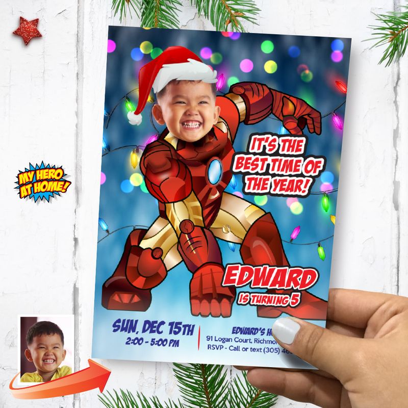 Iron Man Christmas Birthday party invitation with photo, Iron Man Christmas Digital template, Iron Man Theme Party, Ironman Xmas evite. 2171