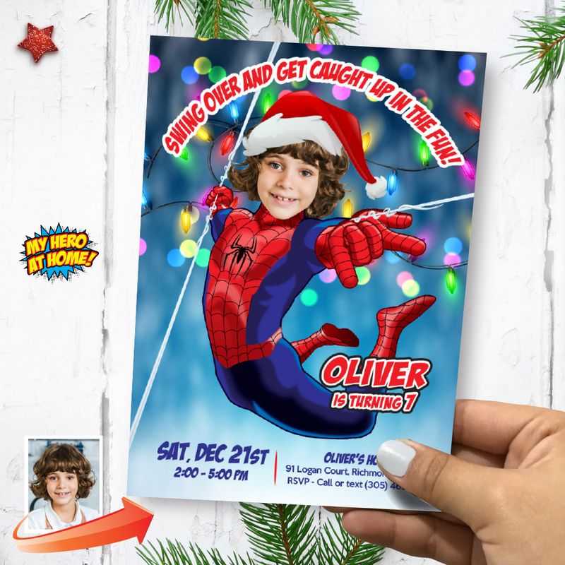 Spider-man Christmas Birthday Party Invitation with photo, Spider-man Xmas Party template. Spiderman Xmas theme party, Spider-man flyer 2160